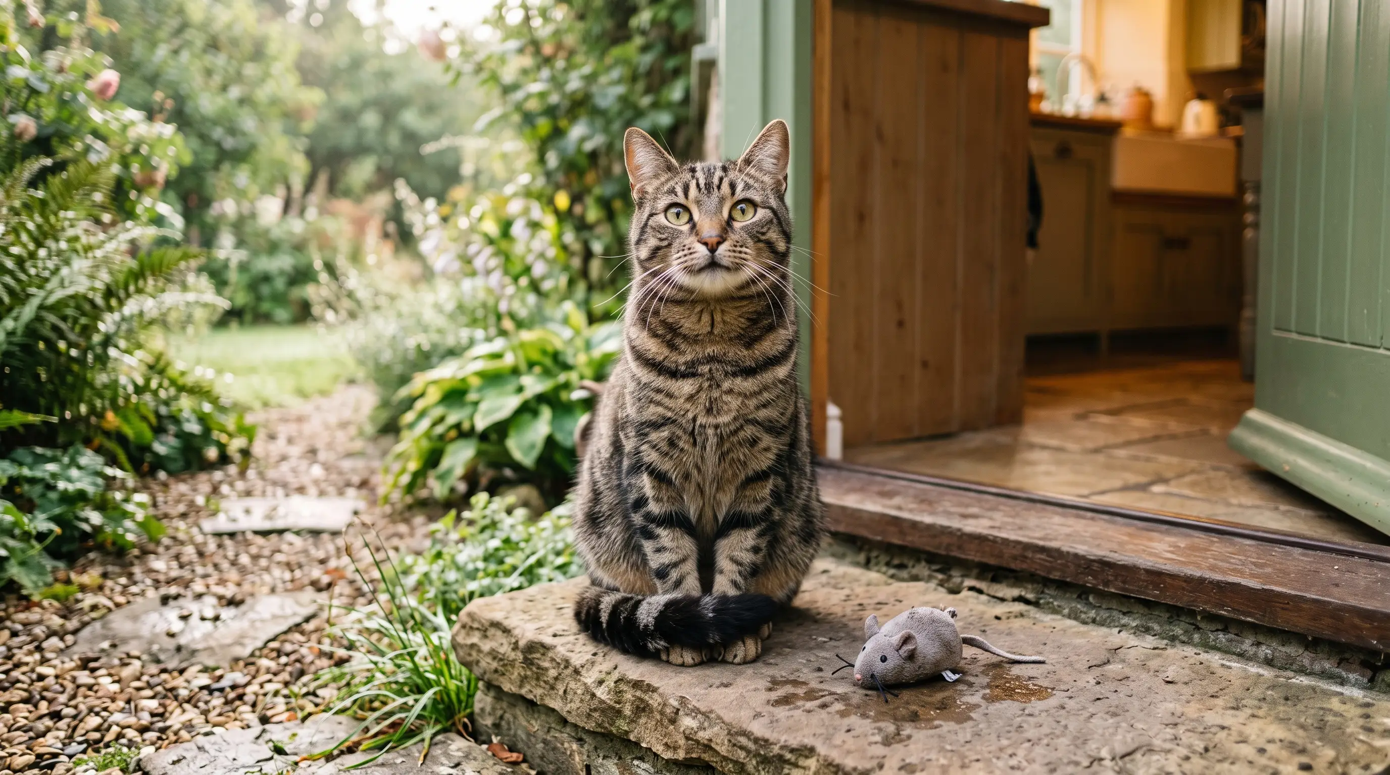 Tabby cat sitting proudly on a doorstep beside a toy mouse it has deposited at the open kitchen door