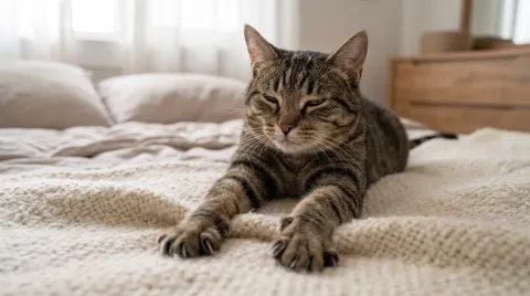 Cat kneading a soft cream blanket with its front paws, eyes half closed, on a bed
