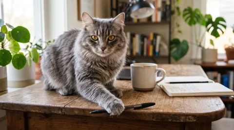 Fluffy grey cat on a desk pushing a pen toward the edge while looking straight into the camera