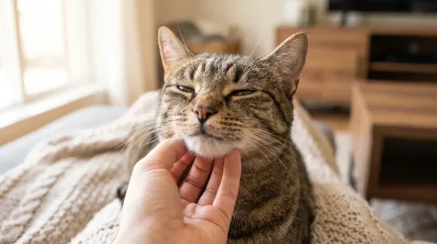Close-up of a content tabby cat with half-closed eyes being stroked under the chin