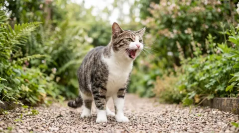 Tabby and white cat with its mouth open in a hiss, ears turned back, standing its ground on a gravel garden path