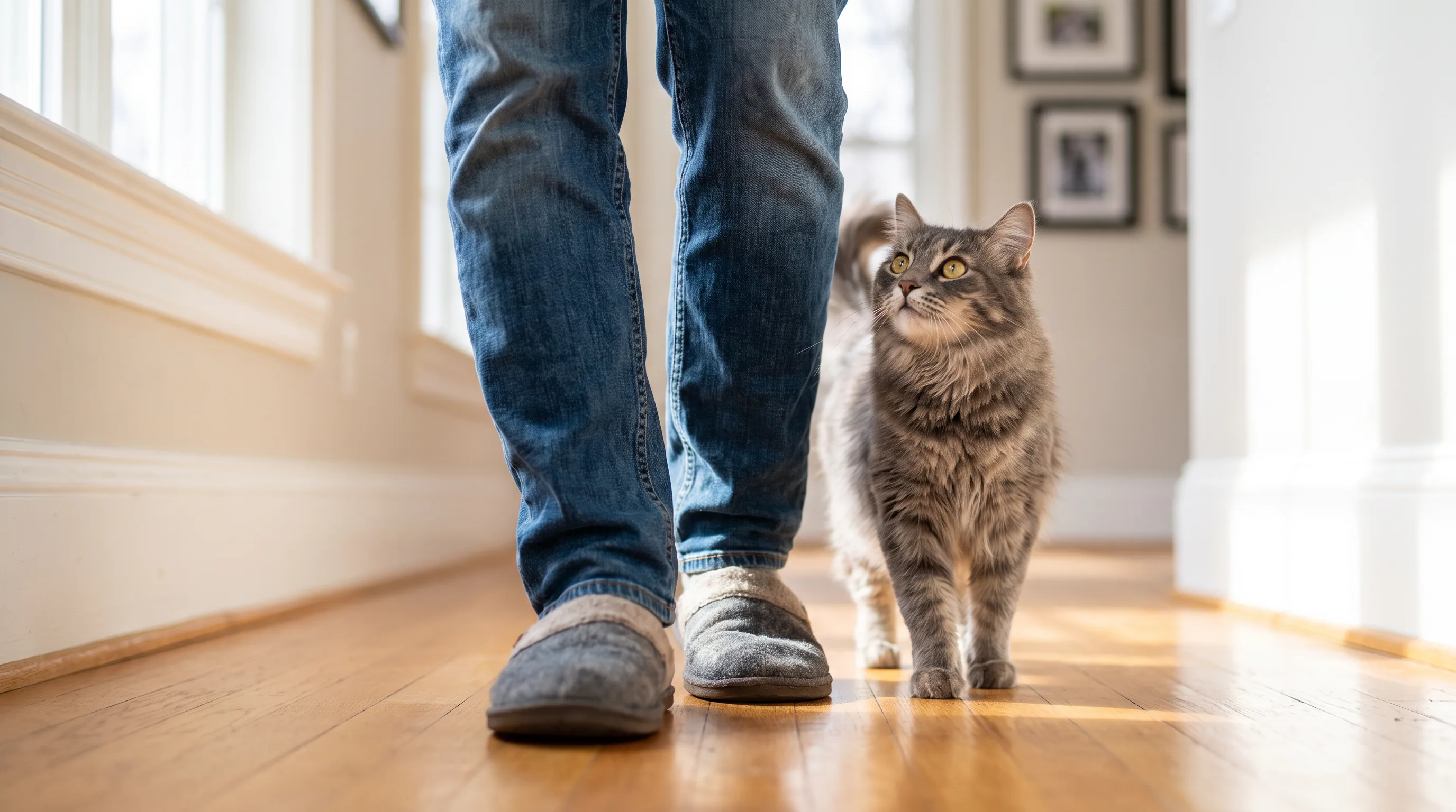 A grey cat walking beside its owner's feet along a hallway, looking up at them expectantly