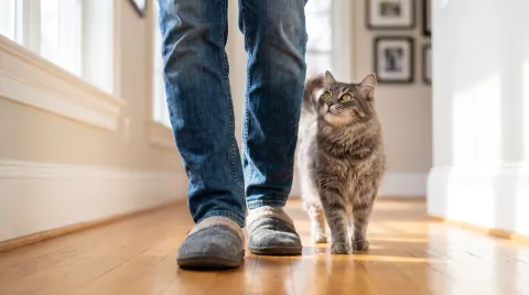 A grey cat walking beside its owner's feet along a hallway, looking up at them expectantly