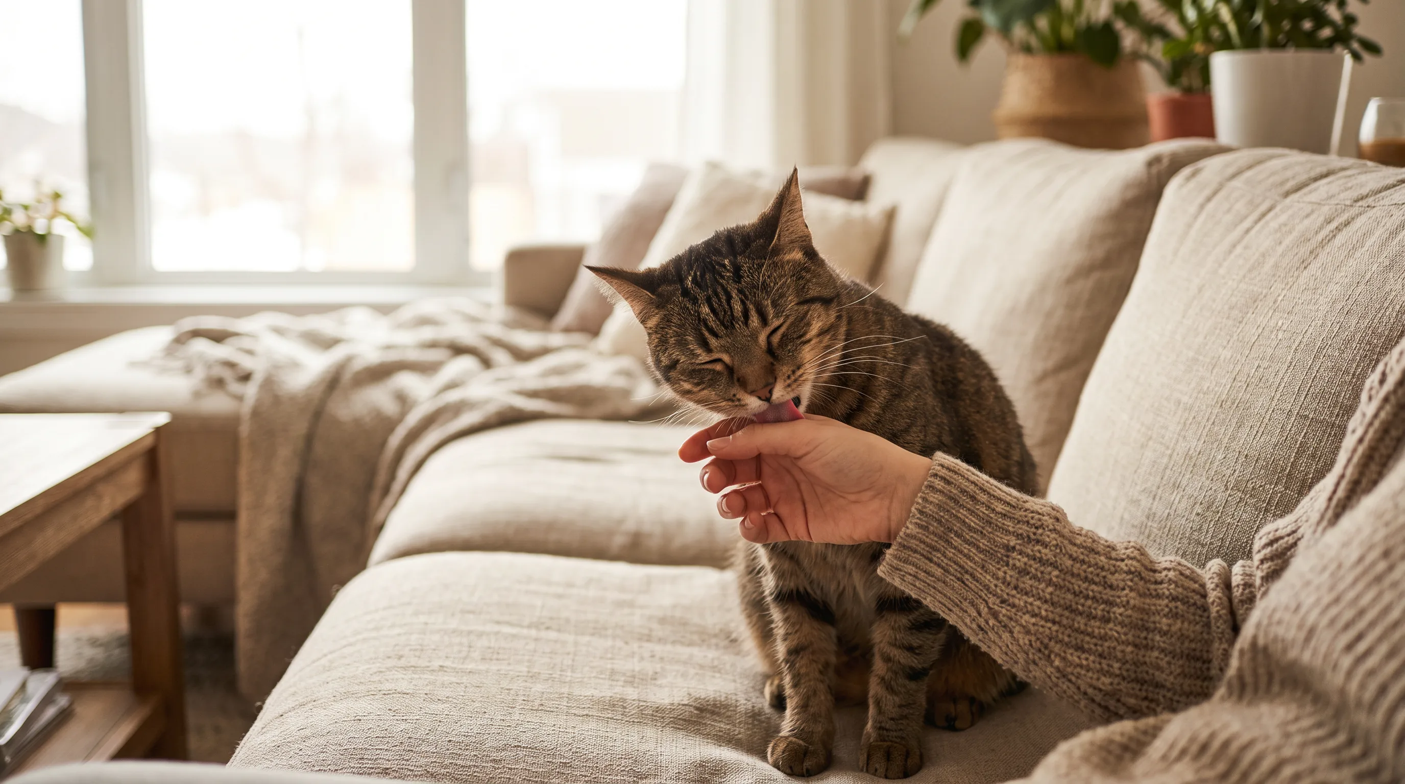 A tabby cat licking the hand of its owner, who sits beside it on a sofa in soft morning light