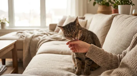 A tabby cat licking the hand of its owner, who sits beside it on a sofa in soft morning light