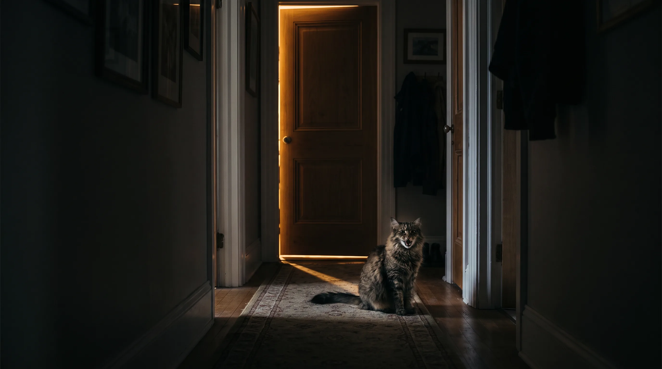 A cat sitting on a hallway rug in a dark house at night, lit by the warm glow of a bedroom door left ajar