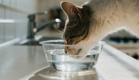 A cat drinking from a running tap at a bathroom sink