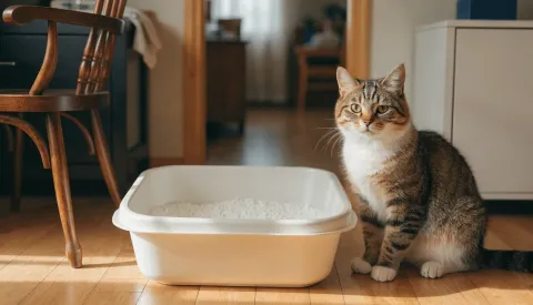 A cat sitting beside a clean litter tray in a quiet corner of a room