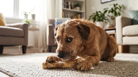 Brown dog lying low over a chew bone on a rug, head lowered protectively, glancing sideways with visible eye whites