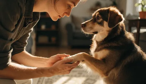 A person gently checking the paw of a dog that is holding one leg up