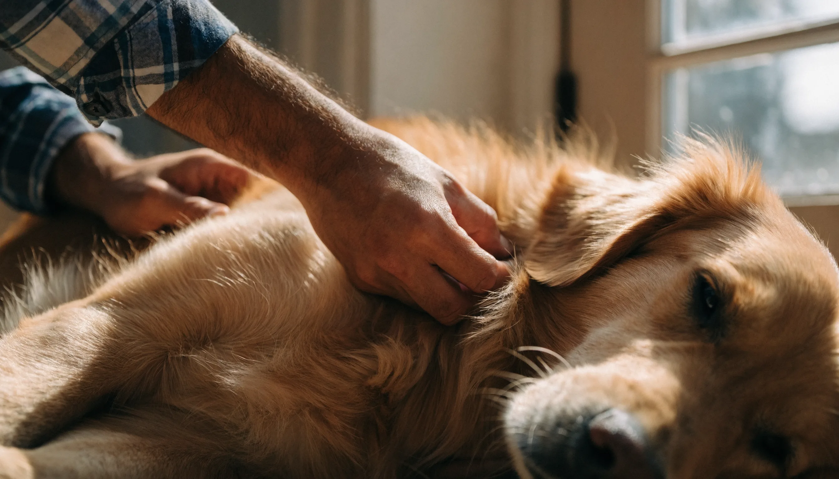 A dog scratching behind its ear with a back leg while sitting on a rug