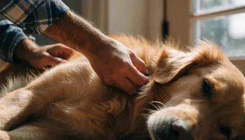 A dog scratching behind its ear with a back leg while sitting on a rug
