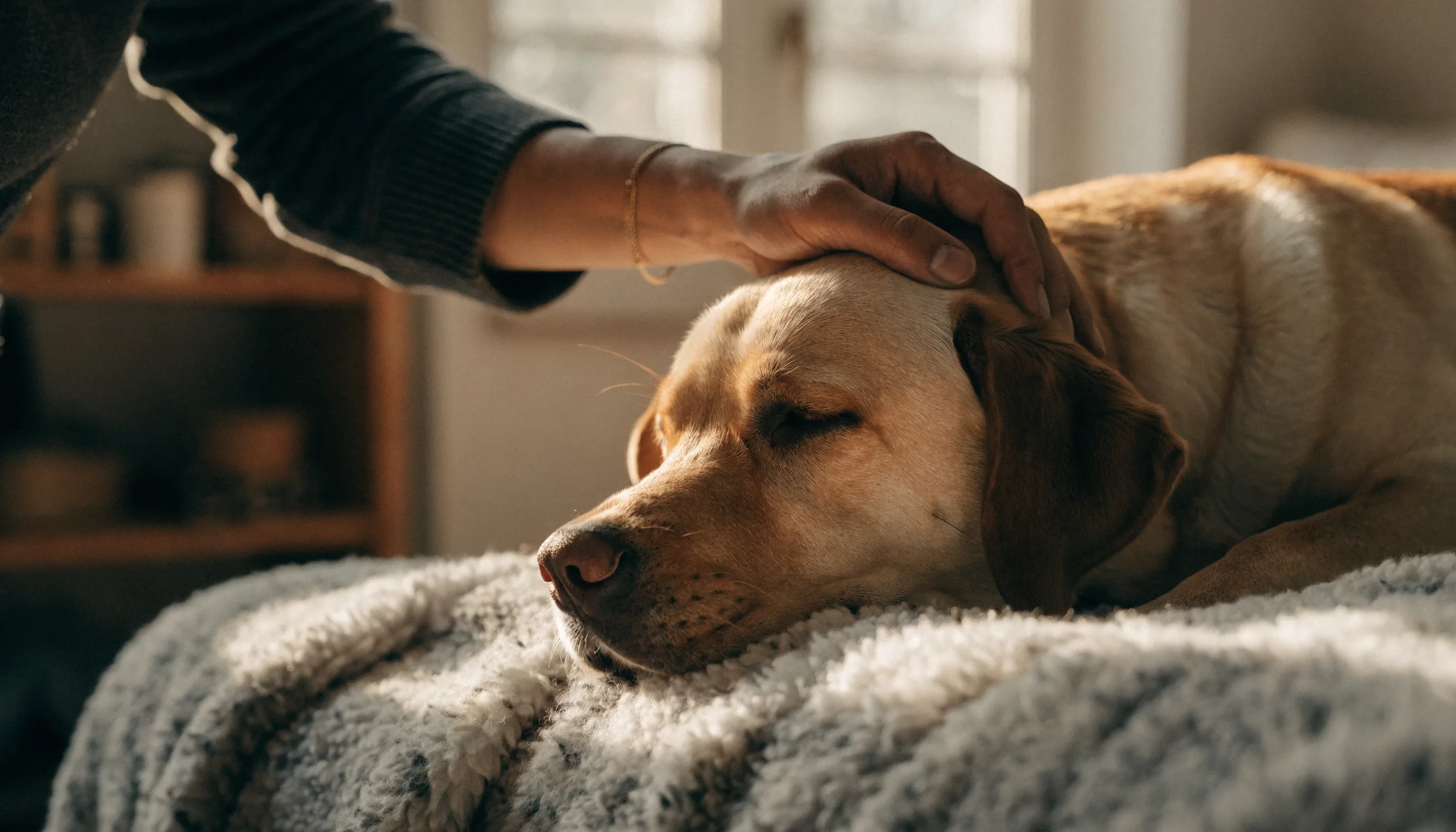 A dog lying quietly on a kitchen floor beside a water bowl, looking a little off-colour