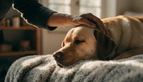 A dog lying quietly on a kitchen floor beside a water bowl, looking a little off-colour