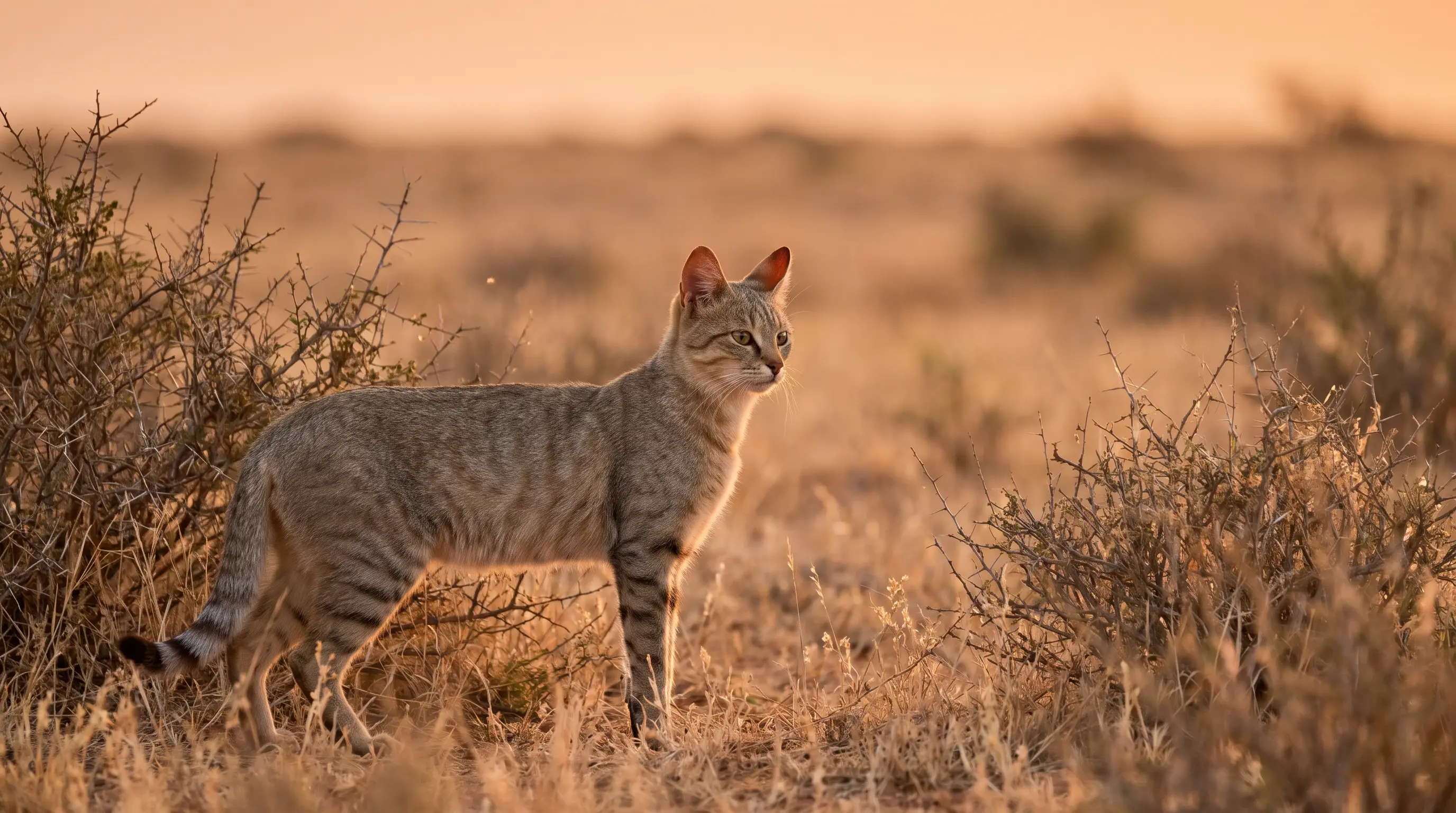 African wildcat, a lean sandy-grey tabby with faint stripes and reddish-backed ears, in dry scrub