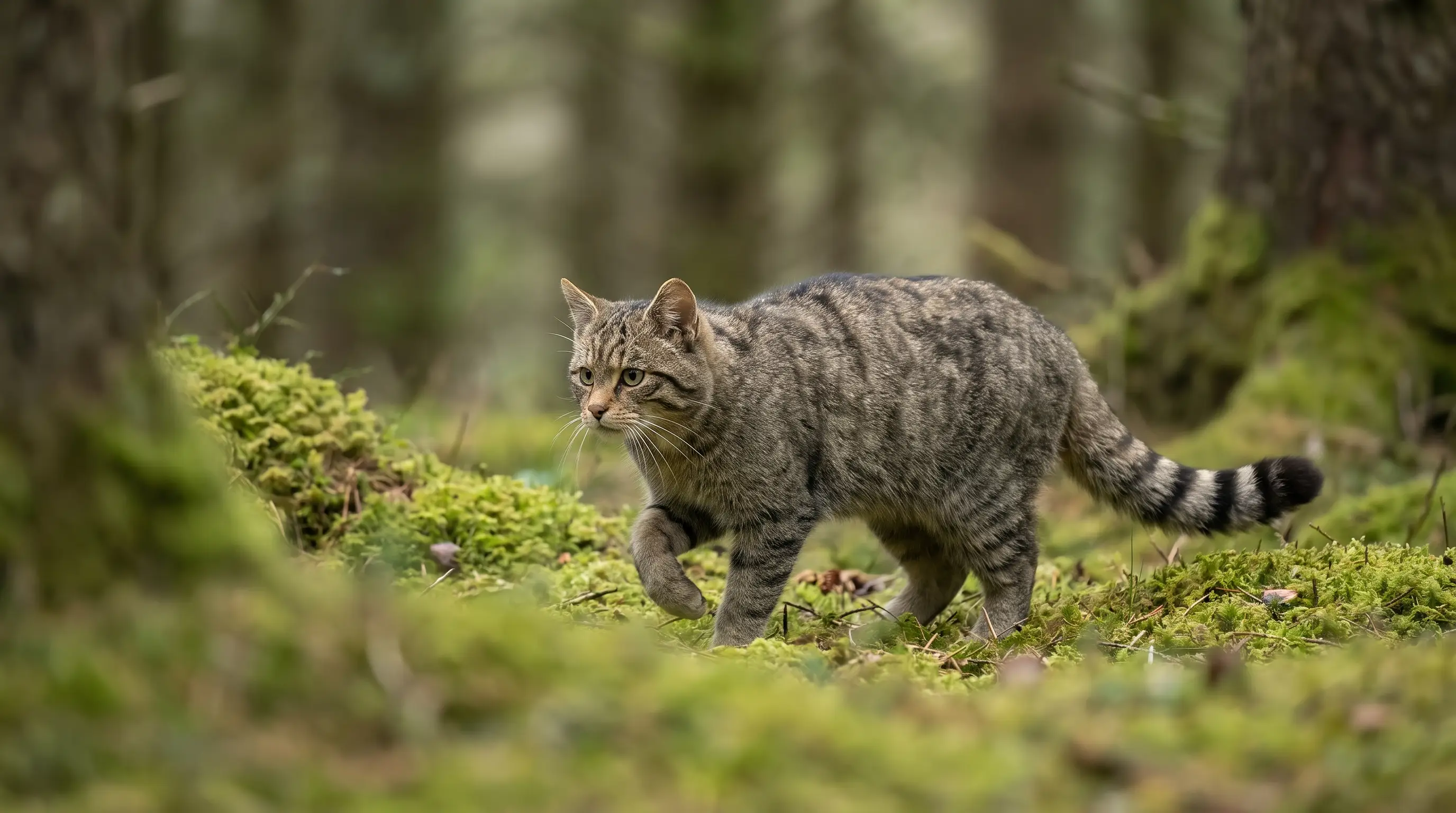 Scottish wildcat, a robust grey-brown tabby with a thick black-ringed bushy tail, in Highland woodland