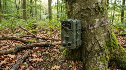 A wildlife camera trap strapped to a mossy beech trunk in quiet, bare-canopied forest.