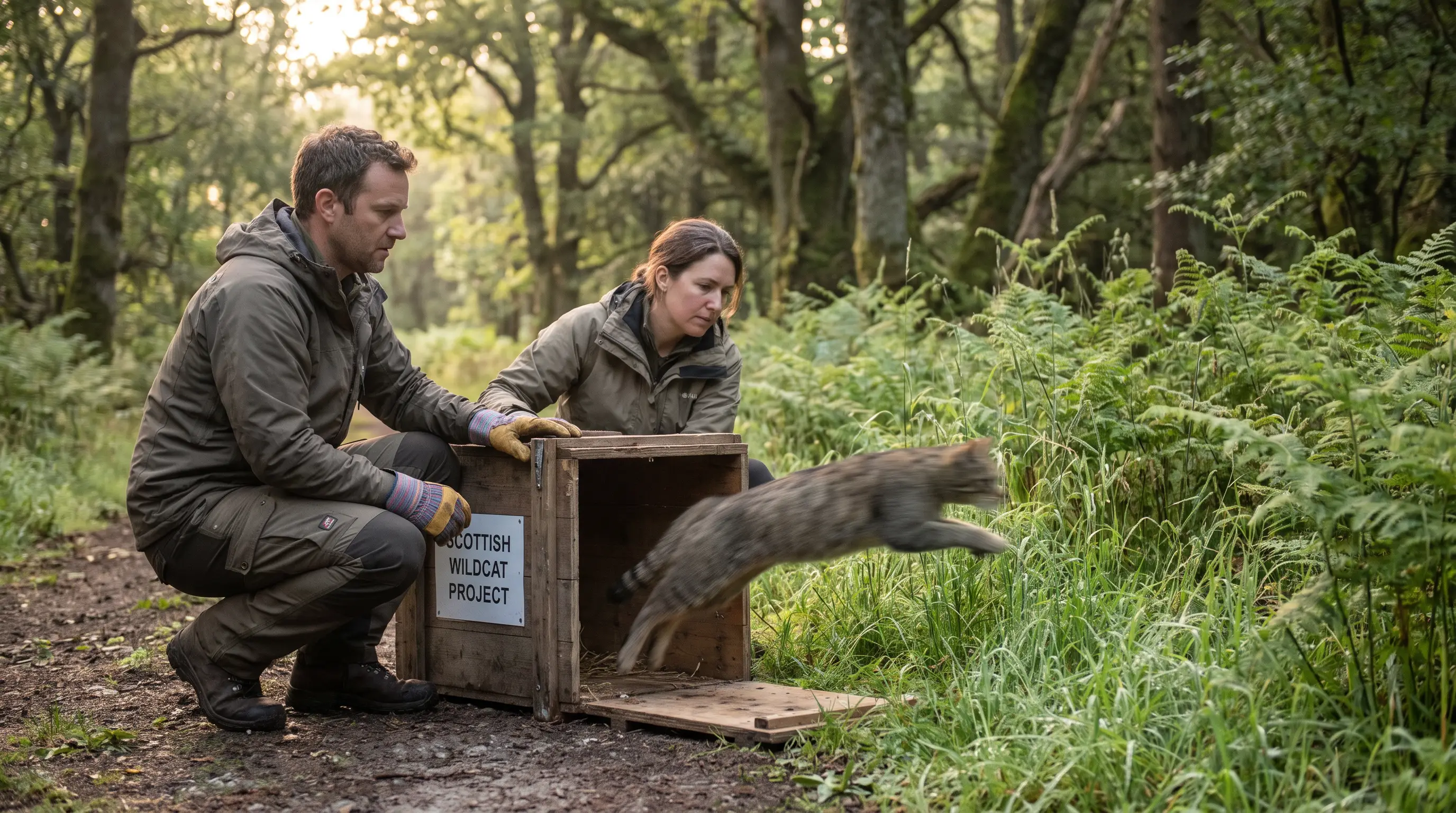 Two field workers crouched beside an open wooden transport crate at the edge of woodland as a wildcat bolts out into ferns