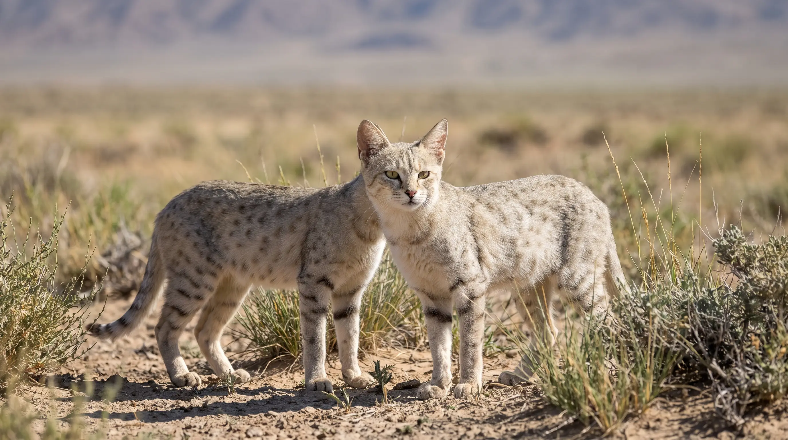 An Asiatic wildcat, pale sandy-grey with small dark spots, long legs and large ears, standing in Central Asian desert steppe.