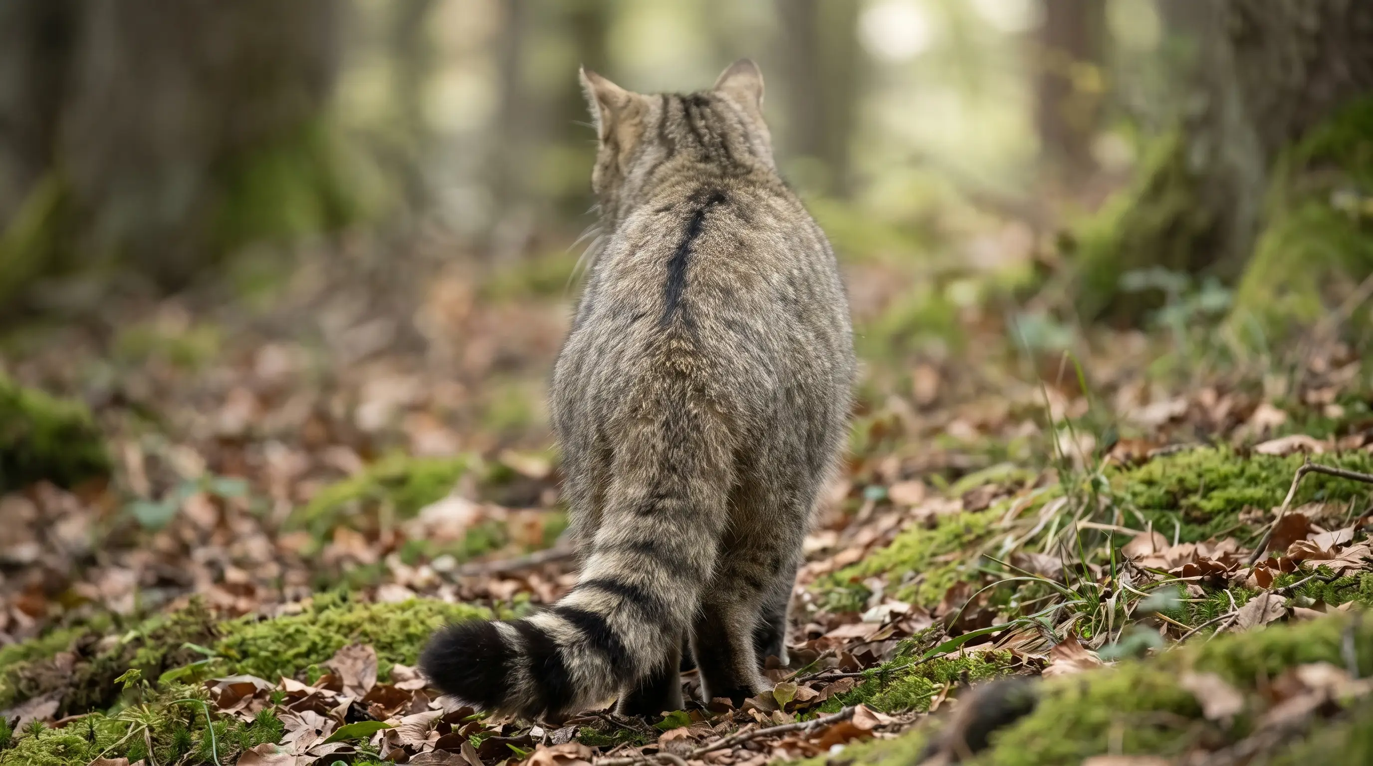 A European wildcat photographed from behind and slightly above, showing the single dark dorsal stripe running down its spine and stopping at the base of a thick bushy tail ringed with black bands