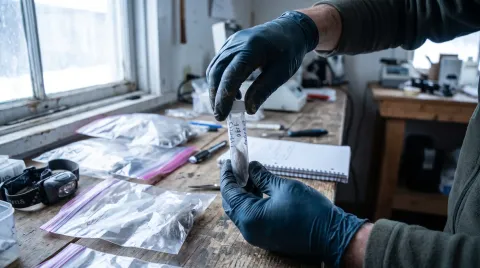 A wildlife geneticist's gloved hands sealing a small labelled sample tube holding a tuft of grey-brown cat hair, on a cluttered field research bench