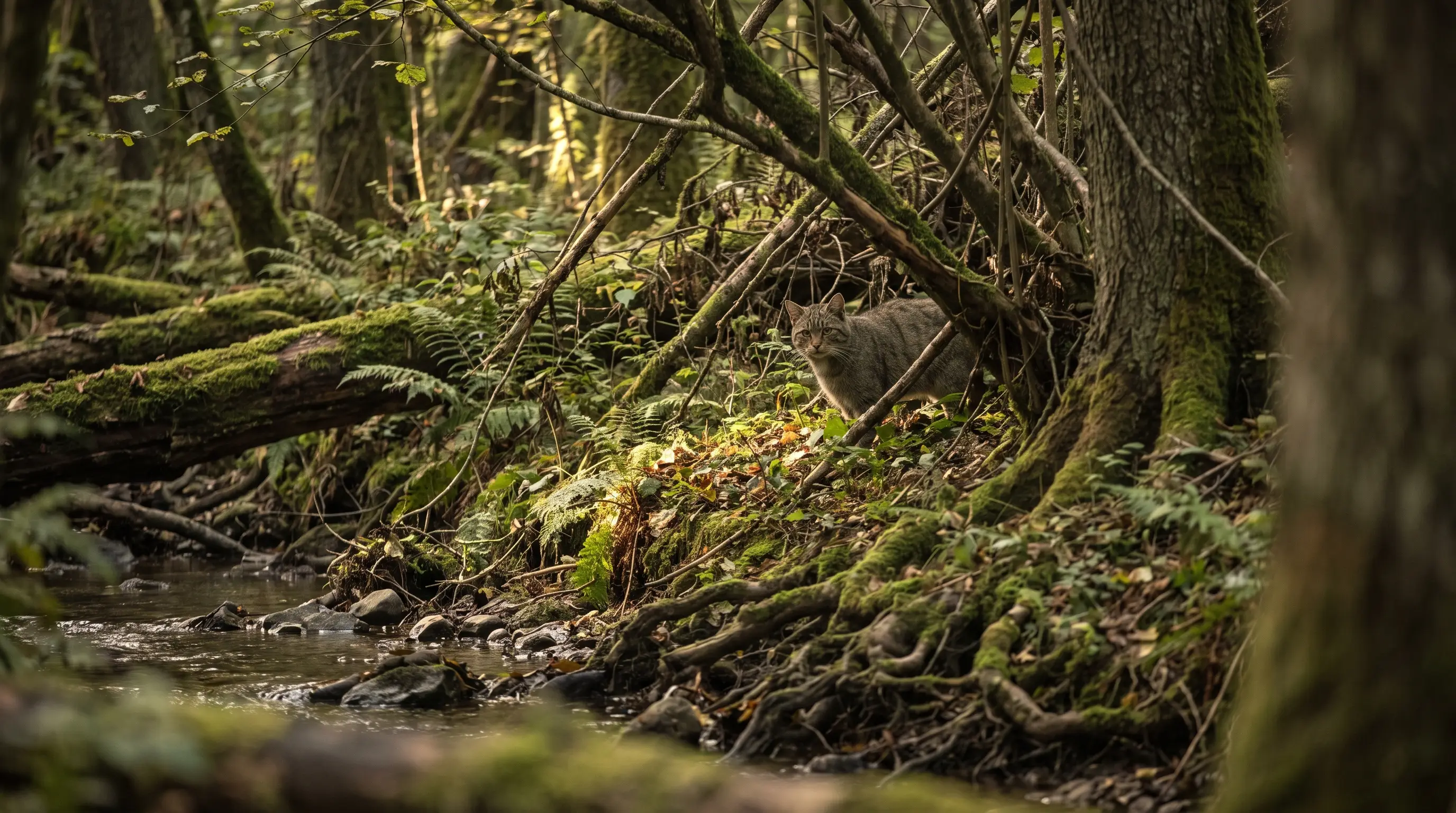 Dense old broadleaf woodland along a stream, mossy deadwood on the bank, a European wildcat half-hidden low in the undergrowth.