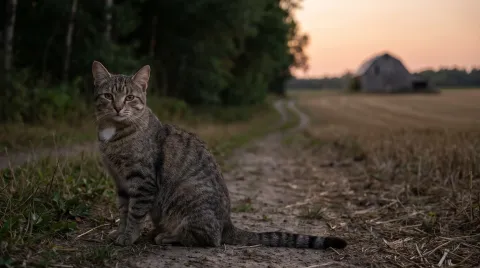 A grey-brown tabby cat with sharp thin stripes, a slim tapering tail and a small white patch on its chest, sitting at dusk on the boundary between dark forest and open farmland