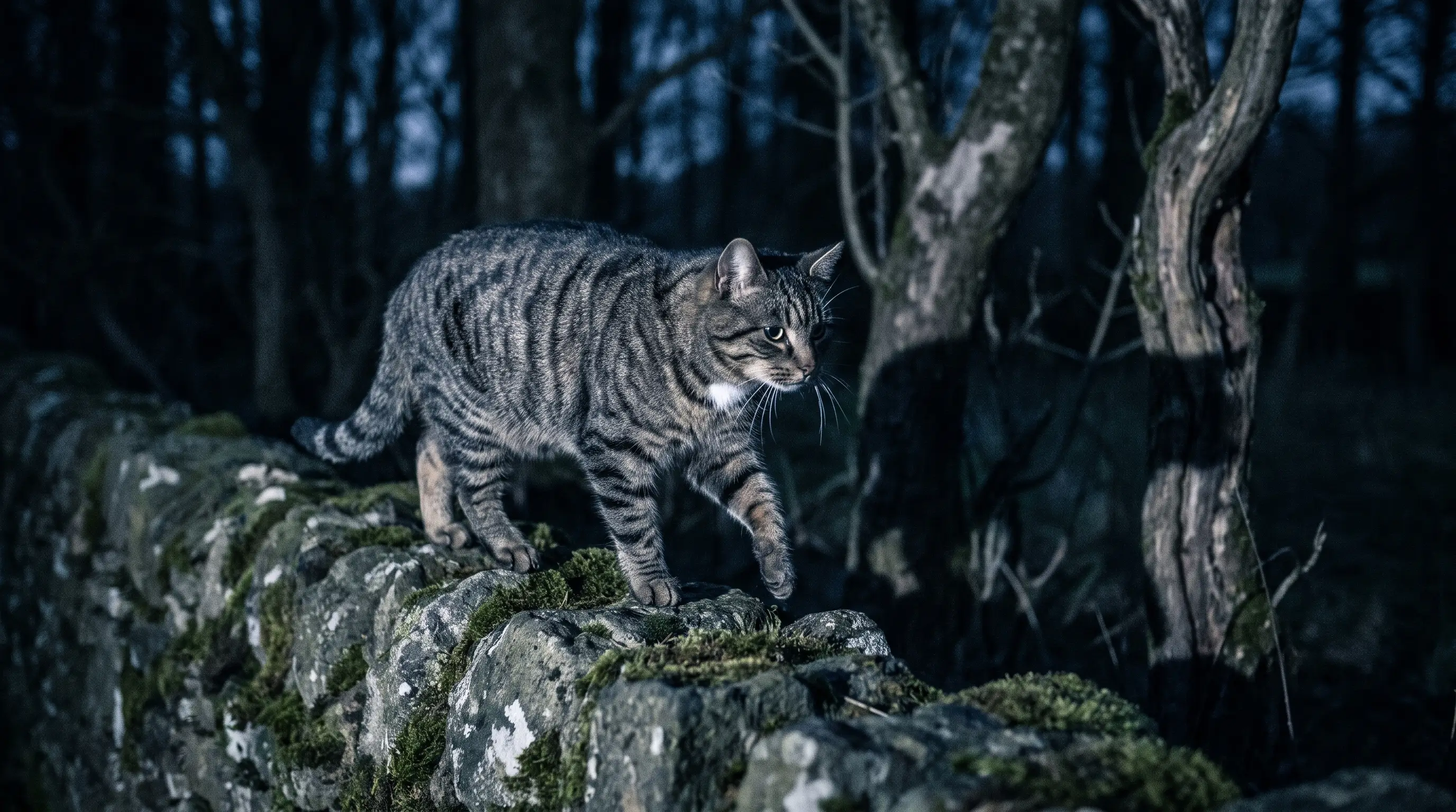 A large unneutered domestic tom cat with a muscular neck and heavy jowls walking along a farm wall at night, at the dark edge of woodland