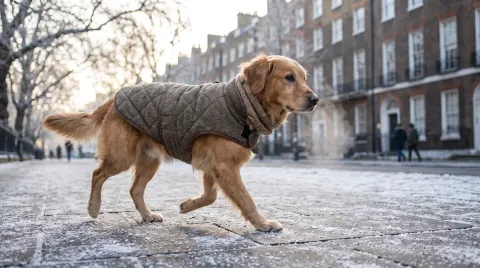 A dog in a warm coat walking on a frosty gritted pavement on a cold winter morning