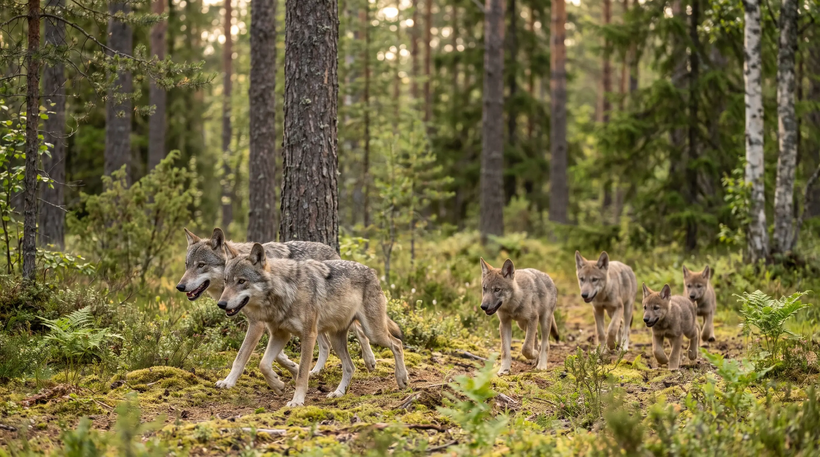 Ein Wolfspaar mit mehreren Welpen unterschiedlichen Alters auf dem Weg durch einen sommerlichen Wald