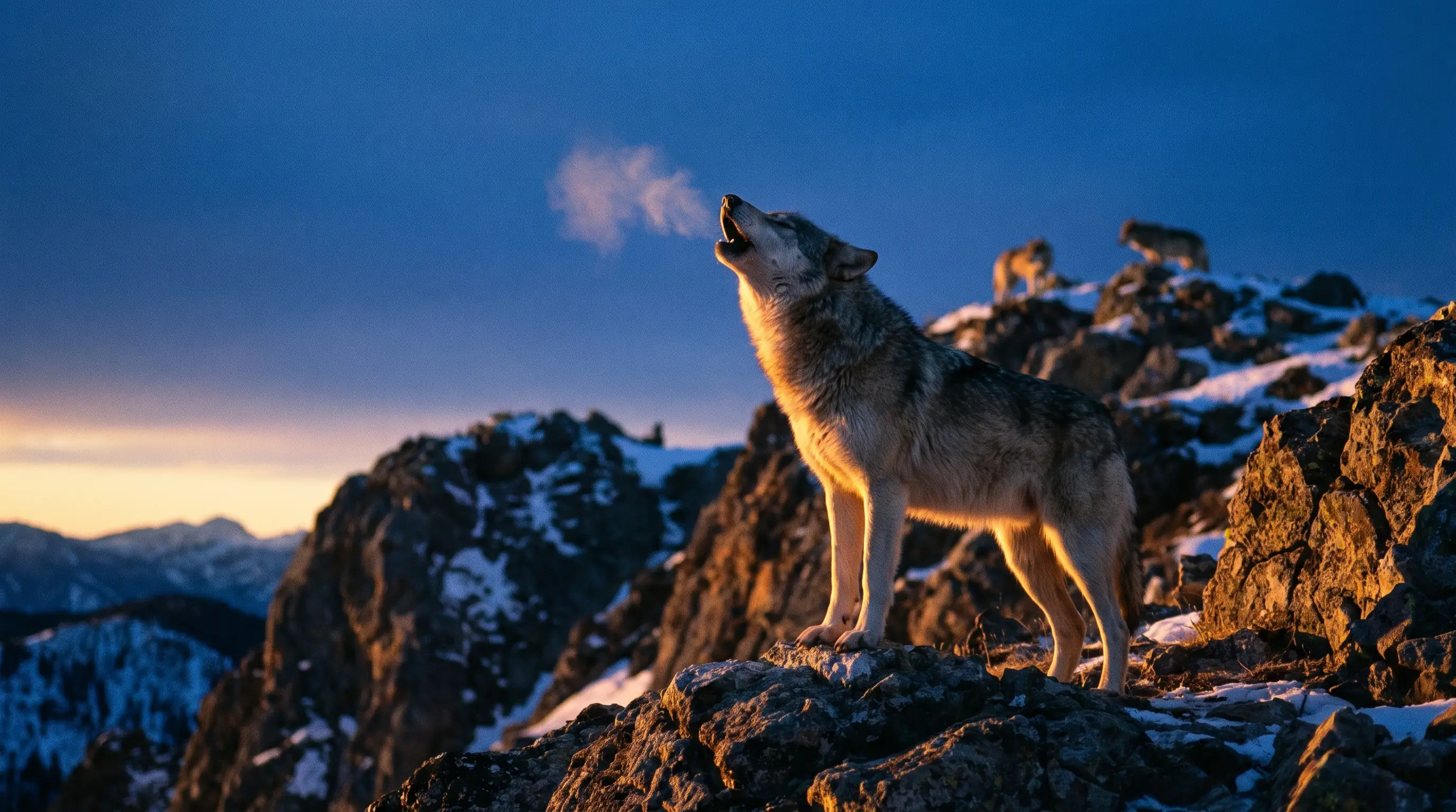 Ein Wolf, der in der Abenddämmerung auf einem Grat heult, das übrige Rudel in der Nähe