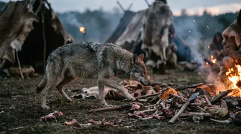 An early dog lingering at the edge of a human camp at dusk, midway between wolf and pet