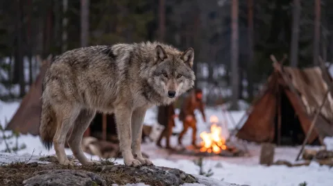A large Ice Age wolf standing at the edge of a firelit hunter-gatherer camp at dusk