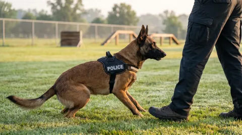 A Belgian Malinois in a police harness alert beside its handler on a training field at dawn